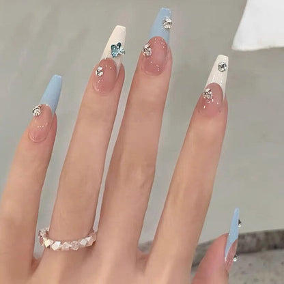 24Pcs Pink Ballet False Nails Long Coffin with Rhinestone Love Heart Wearable Fake Nails Full Cover Press on Nails Tips Glitter