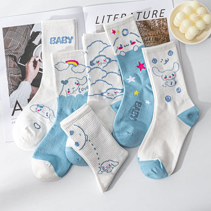 Sanrio Cinnamoroll Cardong Cartoon Girl Heart Autumn and Winter In The Tube Cartoon Socks Every Match Cute Blue Girl Wind