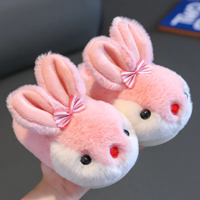 Children Winter Thick Slippers Kids Cotton-padded Shoes Baby Indoor Warm Slippers Girls Cute Cartoon Rabbit Animal Shoes Slides