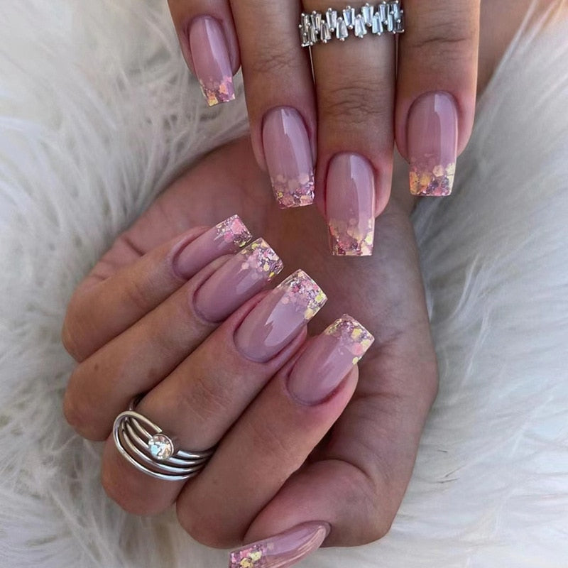 24pcs pink clouds design false nails with glue press on nails medium length acrylic nails coffin full cover nails tips supplies
