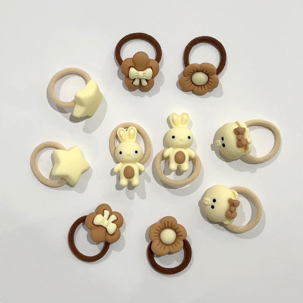 10pcs/Set Cute Bear Rabbit Finger Hair Ties Baby Toddler Elastic Mini Cartoon Animal Flower Ponytail Holder Hair Ropes For Girls