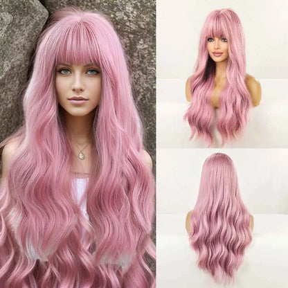 oneNonly Long Pink Wig with Bangs Natural Wave Heat Resistant Wavy Hair Synthetic Wigs for Women Lolita Cosplay