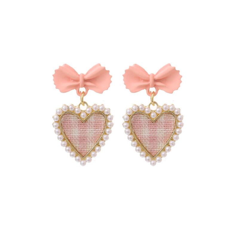 Cute Korean Hanging Love Grid Pearl Heart Earrings For Women Girls Trendy Party Jewelry Fashion New Bowknot Earrings Gifts