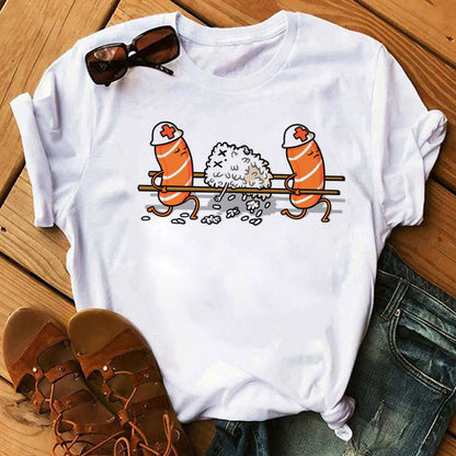 Women Black T-shirts Summer Cute Sushi hug Short Sleeve Tees shirt Femme Summer O-Nock Kawaii Clothing Tops Ladies T shirt