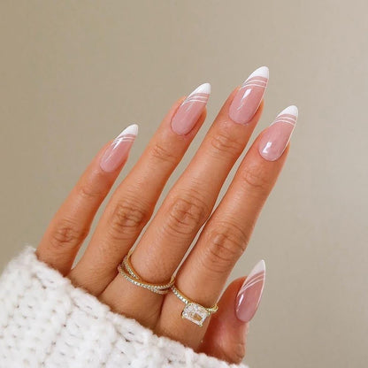 24Pcs Almond Fake Nail Gradient Simple French False Nails Daisy Flower Design Manicure Nails Detachable Full Cover Press On Nail