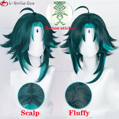 Game Genshin Impact Cosplay Xiao Wig 40cm Short Green Hair With Stickers Ring Heat Resistant Synthetic Party Wigs + Wig Cap