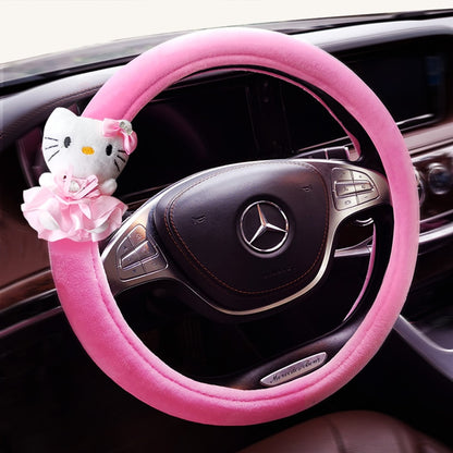 Kawaii Sanrio Anime Kt Cat Hello Kitty Plush Steering Wheel Cover Car Accessories Headrest Pillow Lumbar Pillow Plushie Seatbelt Cover Gift