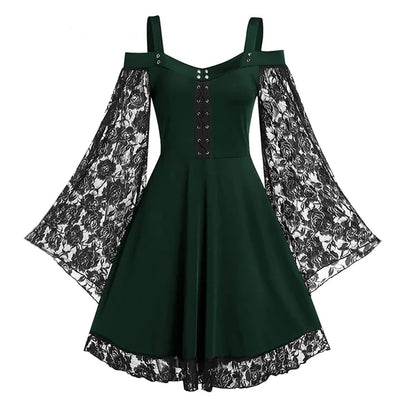 Gothic Vintage Dress Lace Flare Sleeve Womens Autumn Fashion XL Sizes