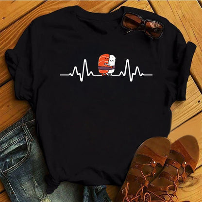 Women Black T-shirts Summer Cute Sushi hug Short Sleeve Tees shirt Femme Summer O-Nock Kawaii Clothing Tops Ladies T shirt