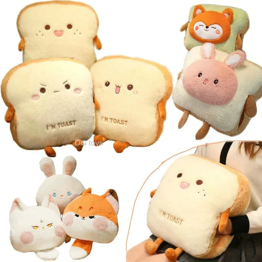 Plush Toast Bread Pillow Kawaii Food Pig Rabbit Fox Toast Soft Doll Hand Warmer Home Decoration Cushion Kids Toys Birthday Gift