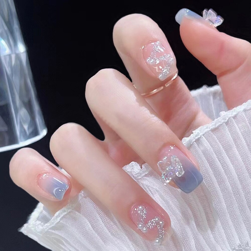 24Pcs Pink Ballet False Nails Long Coffin with Rhinestone Love Heart Wearable Fake Nails Full Cover Press on Nails Tips Glitter