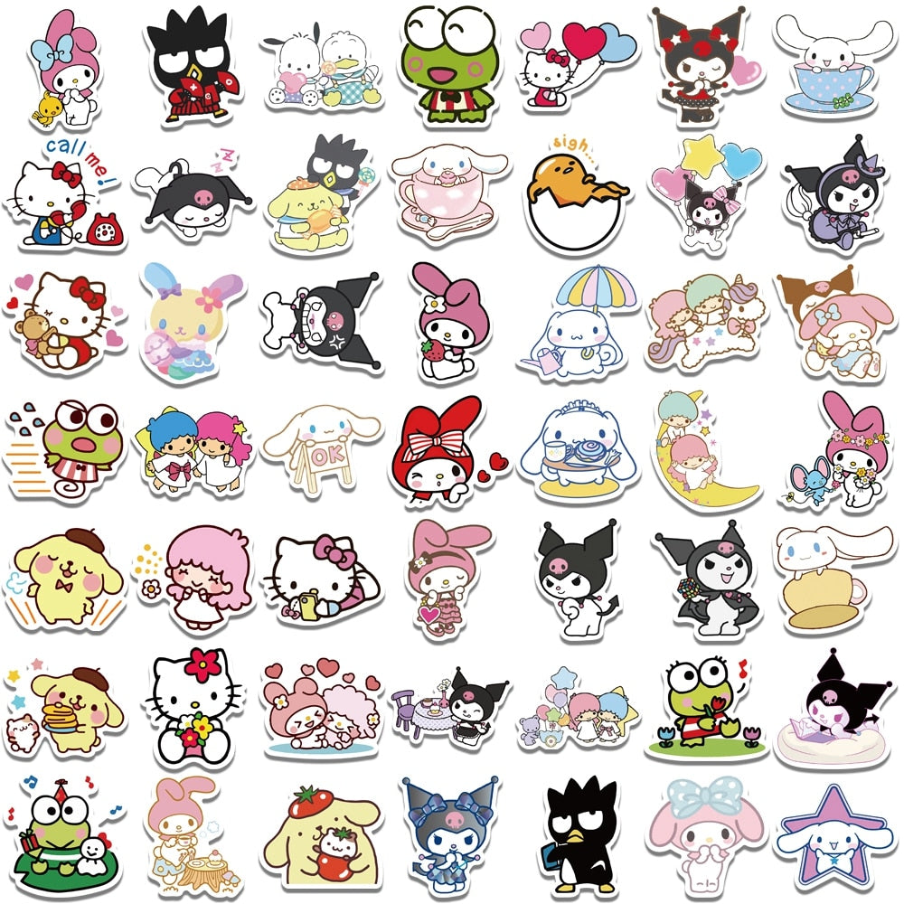 50/100pcs Mixed Cartoon Sanrio Stickers Cute Hello Kitty Cinnamoroll Kuromi My Melody Waterproof Sticker Decals for Kids Toys