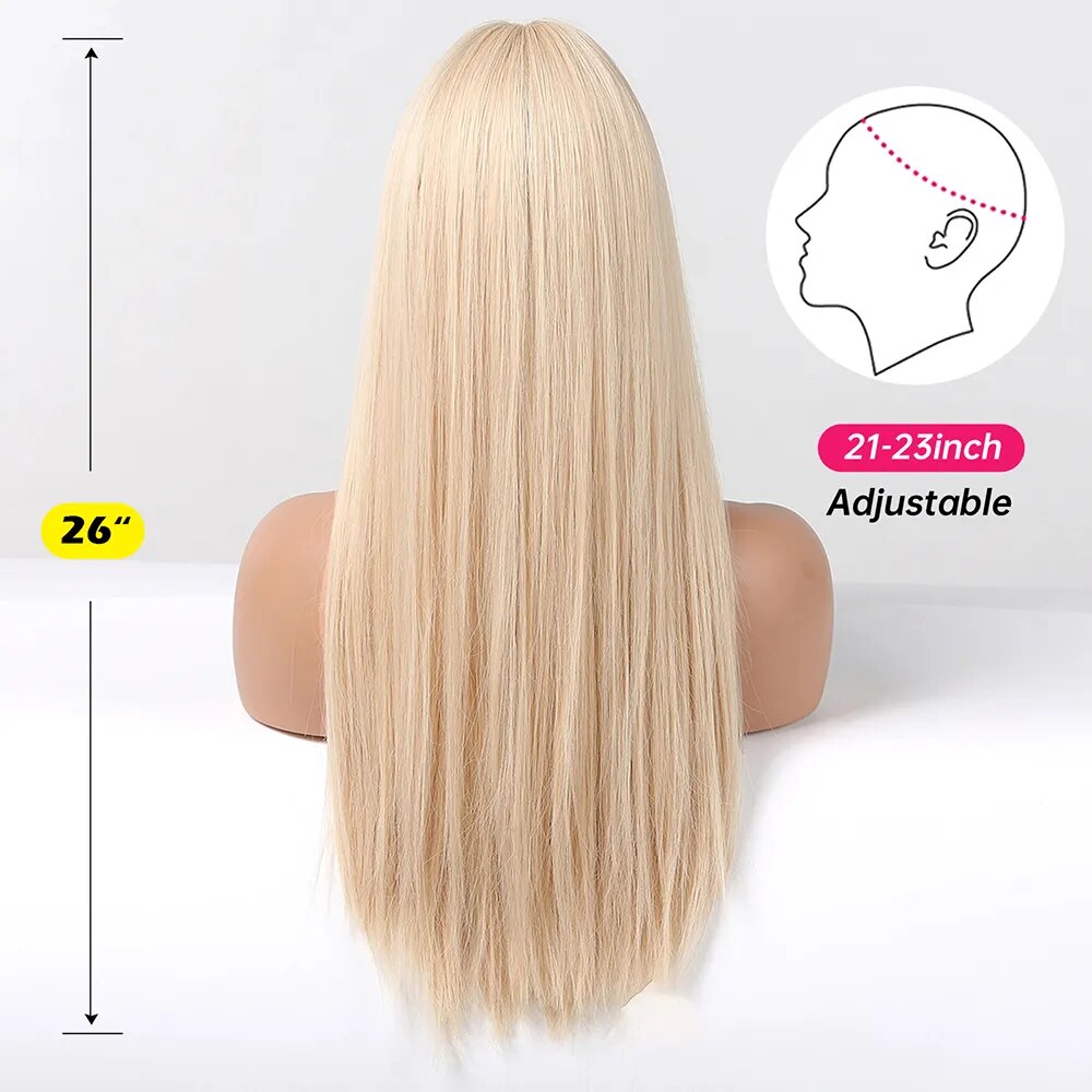 EASIHAIR Blonde Golden Long Straight Synthetic Wigs with Bangs Beige Lolita Hairs Wig for Women Daily Party Heat Resistant Fiber