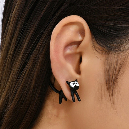 1 Pair Cute Black Cat Stud Earrings for Women Front Back Animal Jewelry Punk Fashion Statement Friendship Piercing Party Gift