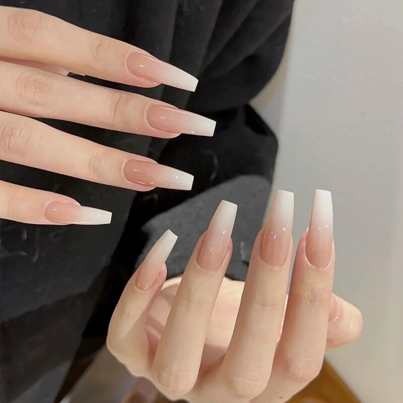 24pcs pink clouds design false nails with glue press on nails medium length acrylic nails coffin full cover nails tips supplies