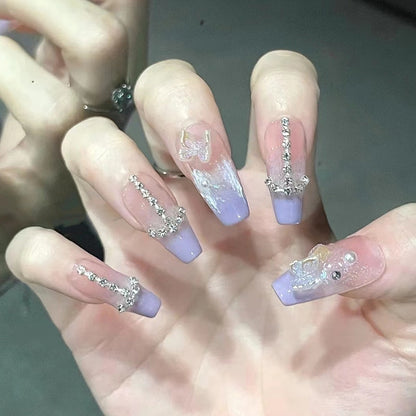 24Pcs Pink Ballet False Nails Long Coffin with Rhinestone Love Heart Wearable Fake Nails Full Cover Press on Nails Tips Glitter