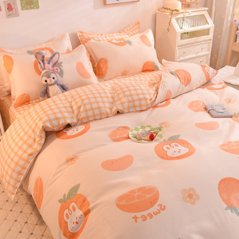 Ins Pink Strawberry Cute Cartoon Fruit Bedding Set Duvet Cover Soft Queen King Size Flat Bed Sheet Quilt Cover Pillowcase Kawaii