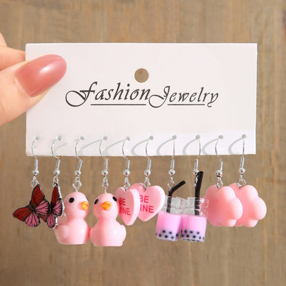 Pink Cartoon Duck Earrings Set Cute Animal Butterfly Heart Dangle Earrings For Women Girls Geometric Earring Trendy Jewelry Gift