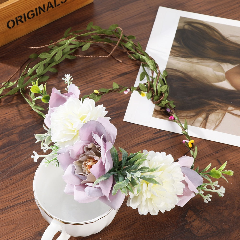 Bohemian Rattan Flower Vines Crown Headband for Bride Wedding Hair Accessories Girls Floral Wreath Head Band Hairstyles Headdres