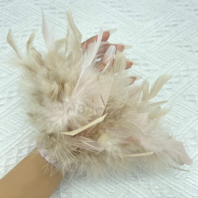 Women Natural Fur Feather Cuffs Snap On Bracelet Arm Cuff Shirts Sleeves For Women Real Ostrich Feather  Anklet Wrist Cuff