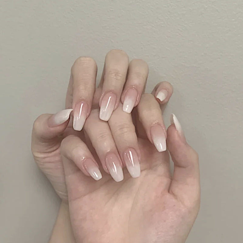 24pcs pink clouds design false nails with glue press on nails medium length acrylic nails coffin full cover nails tips supplies