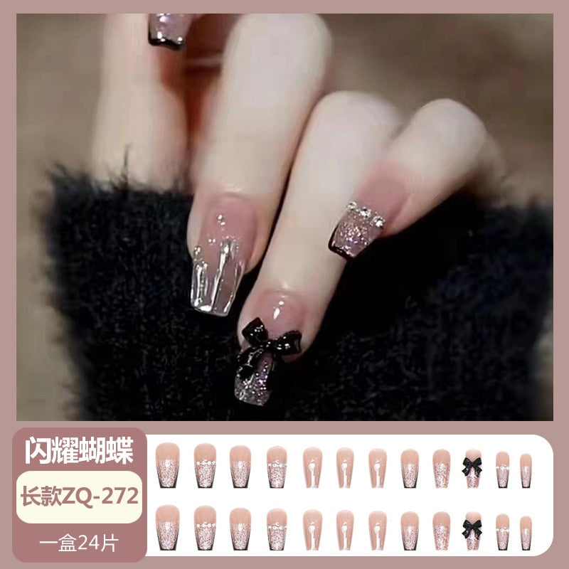 24pcs Wearable Pink Press On Fake Nails Tips With Glue false nails design Butterfly Lovely Girl false nails With Wearing Tools