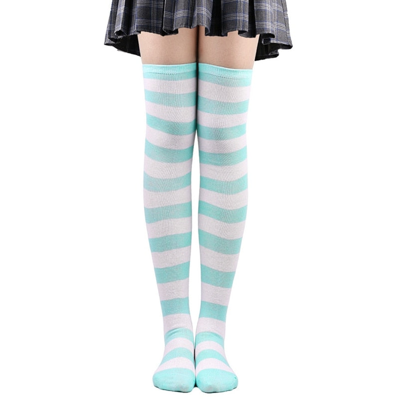 Women Thigh High Over The Knee Socks For Ladies Black White Striped Hosiery Long Cotton Stockings Knitted Warm Soks