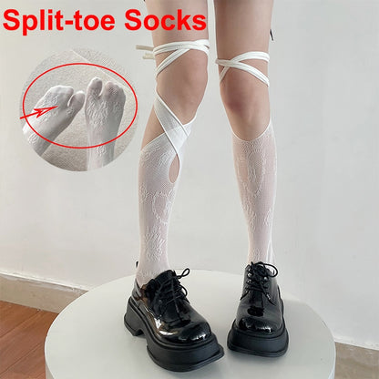 Jk Tie Lace Fishnet Stockings Irregular Split-toe Calf Socks Women's Middle Tube Socks Straps Summer Long Japanese Socks