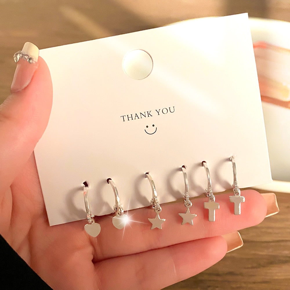 FNIO Korean Fashion Metal Love Heart Circle Drop Small Earrings for Women Trend Pendant Piercing Earrings Set Jewelry
