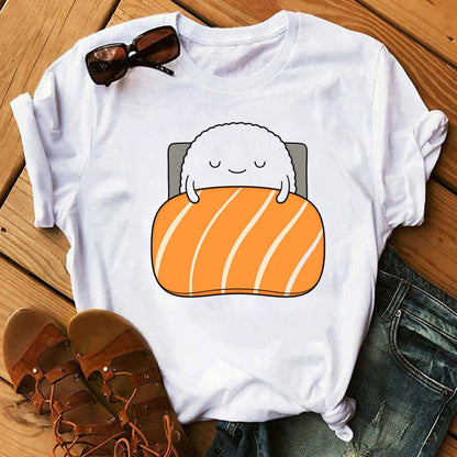 Women Black T-shirts Summer Cute Sushi hug Short Sleeve Tees shirt Femme Summer O-Nock Kawaii Clothing Tops Ladies T shirt