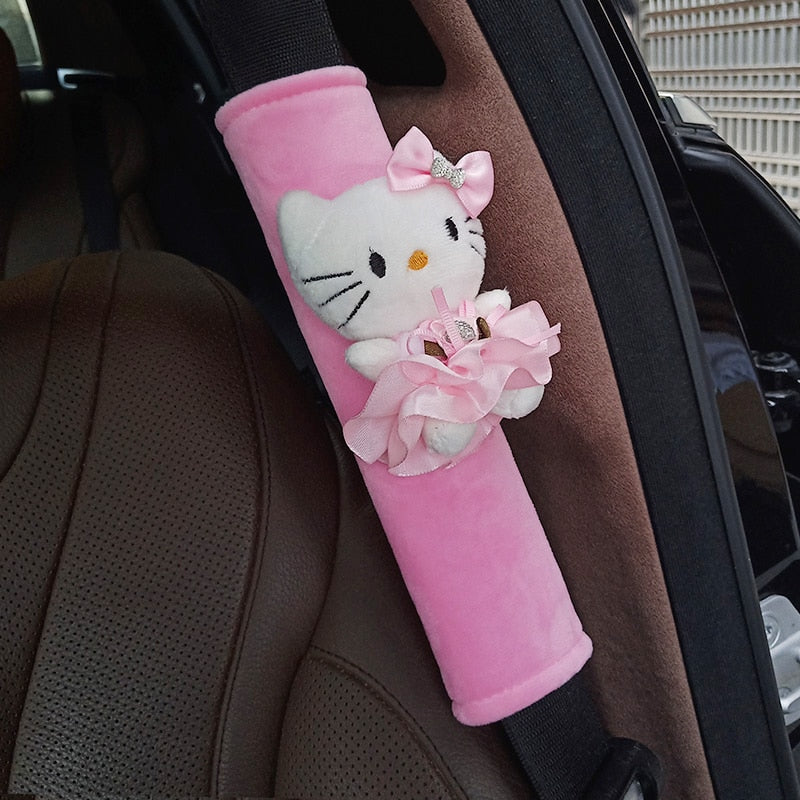 Kawaii Sanrio Anime Kt Cat Hello Kitty Plush Steering Wheel Cover Car Accessories Headrest Pillow Lumbar Pillow Plushie Seatbelt Cover Gift