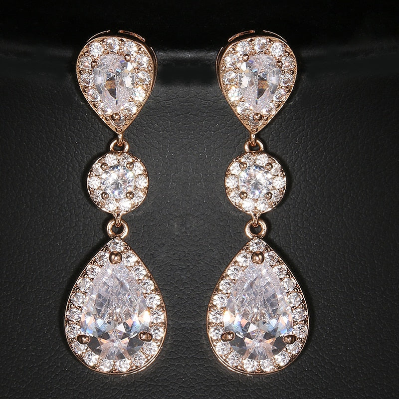 Luxury Zircon Wedding Long Dangle Earrings with Round Water Drop Elegant CZ Earrings for Women Bridal Wedding Jewelry Dress