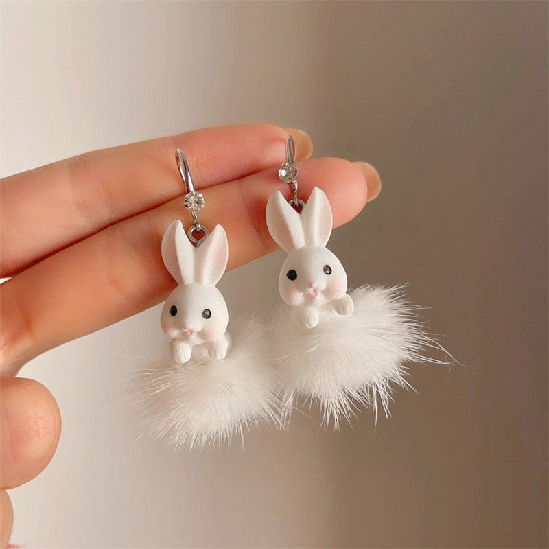 Bear Earrings for Women Girls Fashion Korea Silver Needle Autumn and Winter Earrings Cute Flocking Rabbit Ear Studs Jewelry