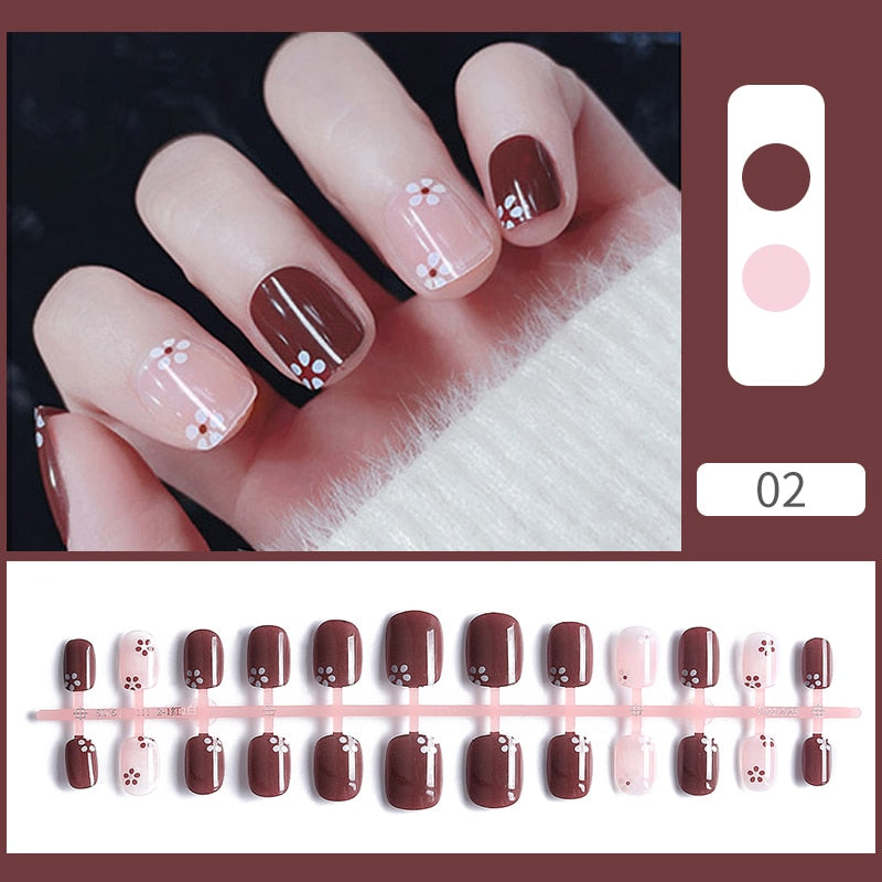 24pcs Sweet Summer Fake Nails Patches Pink Glitter Nude Press on Nails Women Wearable Nail Art Stickers Full Finished False Nail
