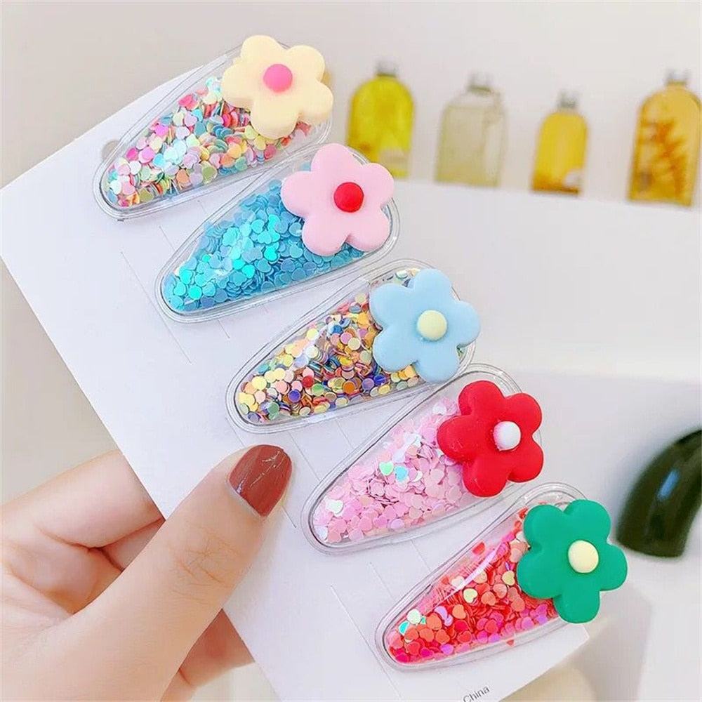 5pcs/Set Cute Fruit Quicksand Sequins Snap BB Clips Children Cartoon Rainbow Animal Bangs Hairpin Side Barrettes