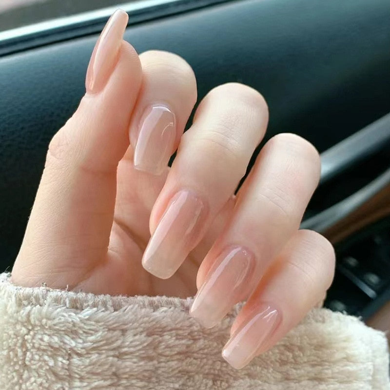 24pcs pink clouds design false nails with glue press on nails medium length acrylic nails coffin full cover nails tips supplies