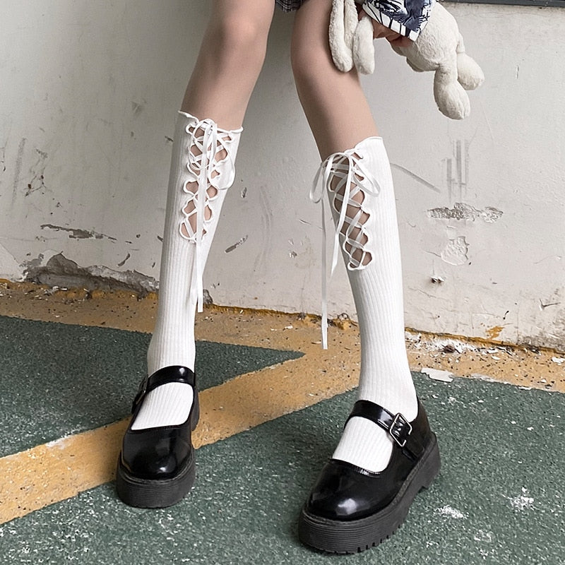 Jk Tie Lace Fishnet Stockings Irregular Split-toe Calf Socks Women's Middle Tube Socks Straps Summer Long Japanese Socks