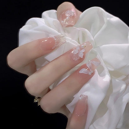 24pcs Wearable Pink Press On Fake Nails Tips With Glue false nails design Butterfly Lovely Girl false nails With Wearing Tools