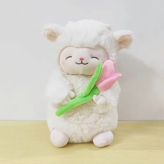 Kawaii Stuffed Sheep Plush Toy Sweet White Sheep Hold Tulip Flower Soft Stuffed Plush Toy For Kid Birthday Gifts