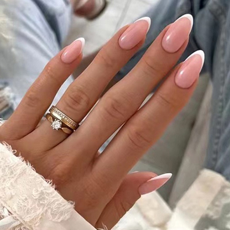 24Pcs Almond Fake Nail Gradient Simple French False Nails Daisy Flower Design Manicure Nails Detachable Full Cover Press On Nail
