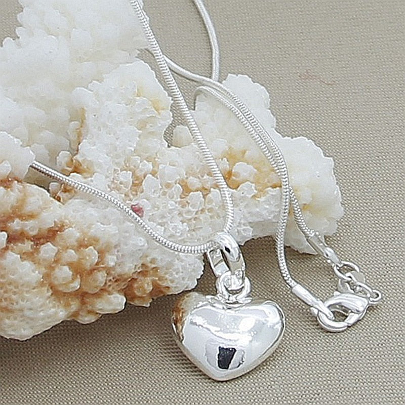 hot sale 925 Stamp Silver color Solid Heart Necklace 18-30 Inch Snake Chain For Women Girl Wedding Charm Fashion Jewelry luxury
