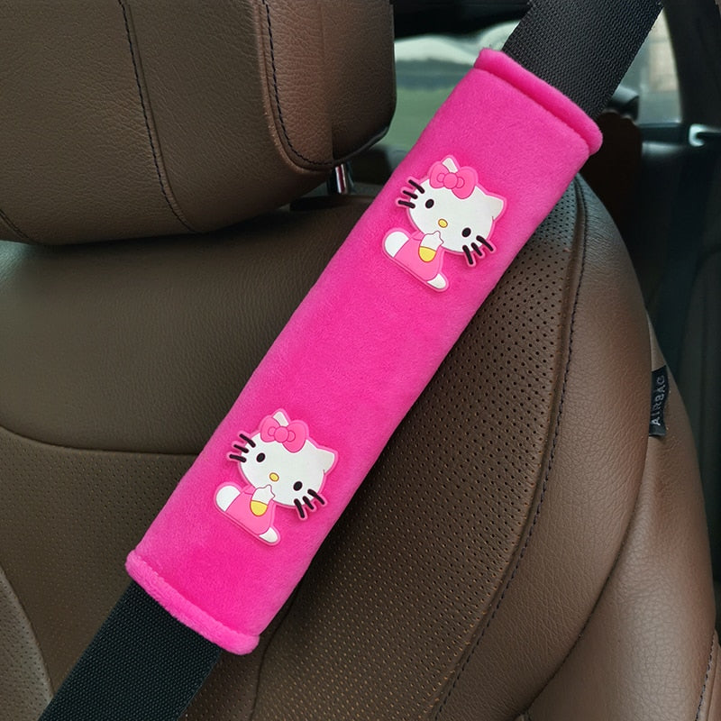 Kawaii Sanrio Anime Kt Cat Hello Kitty Plush Steering Wheel Cover Car Accessories Headrest Pillow Lumbar Pillow Plushie Seatbelt Cover Gift