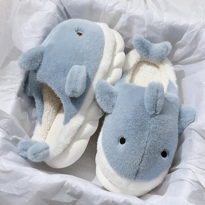 Funny Animal Shark Cotton Slippers Women's Thick Soles Home Slipper Winter New Warm Non Slip Lovely Plush Couple Slippers