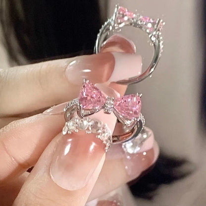 Pink Crystal Heart Bowknot Rings For Women Girls Y2k Kpop Sweet Cool Open Finger Rings Party Fashion Jewelry Gifts New