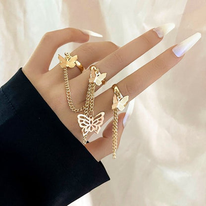 Vintage Punk Butterfly Tassel Chain Ring With Bracelet Link Wrist Chain Finger Rings For Women Flower Pearl Zircon Ring Jewelry