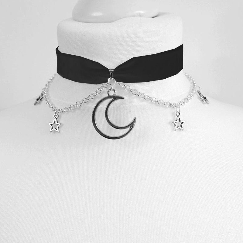 Velvet moon  stars choker Moon And Stars Chain Choker Kawaii Pastel Pink Velvet Chain fashion delicacy women