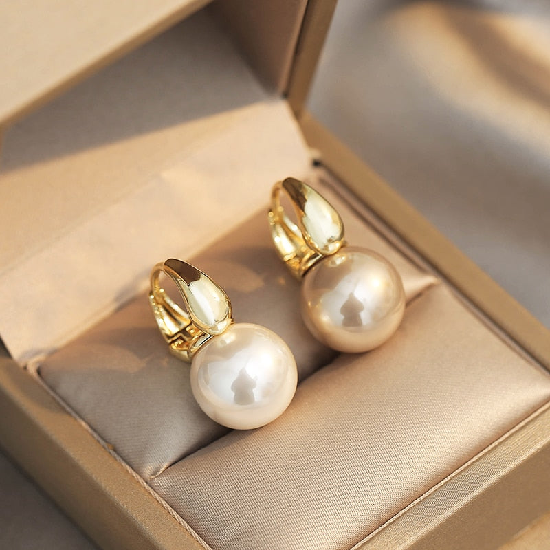 New Simple Celebrity Style Gold Color Pearl Drop Earrings For Woman Korean Fashion Jewelry Wedding Girl's Sweet Accessories