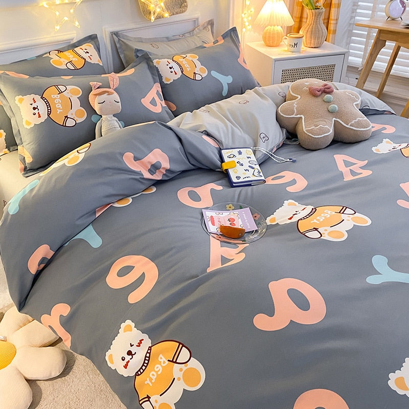 Ins Pink Strawberry Cute Cartoon Fruit Bedding Set Duvet Cover Soft Queen King Size Flat Bed Sheet Quilt Cover Pillowcase Kawaii