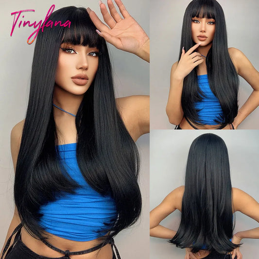 Long Straight Synthetic Wig with Bangs Dark Black Gray Hair Wigs for Women Cosplay Natural Hair Heat Resistant Layered Wigs