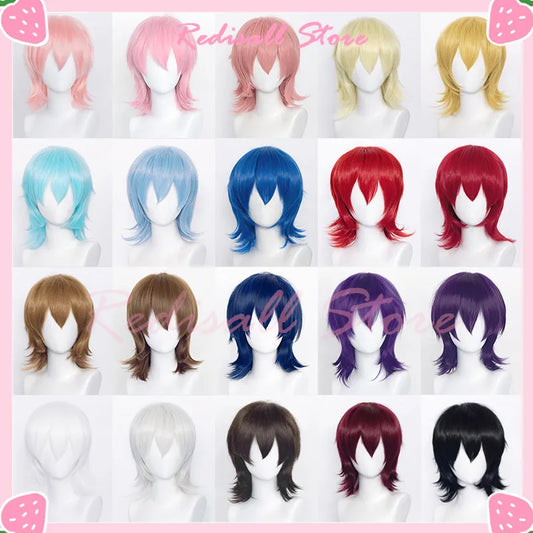 37cm Short Mullet Cosplay Wig Multi-color Basic Curly Heat Resistant Synthetic Hair Halloween Christmas Men Anime Game Base Wig